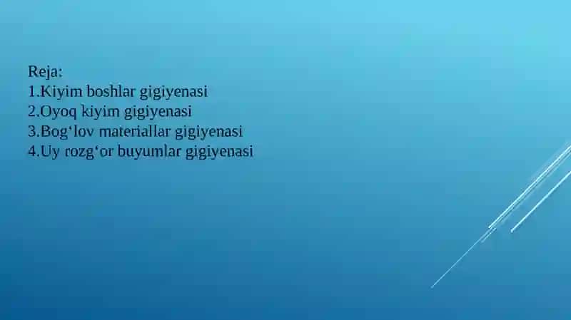 Kiyim boshlar va oyoq kiyimlari gigiyenasi. Kundalik turmushda foydalaniladigan sintetik polimer materiallardan tayyorlangan uy-ro‘zg‘or buyumlari, bog‘lov materiallari, idishlarni qo‘llash gigiyenasi 2