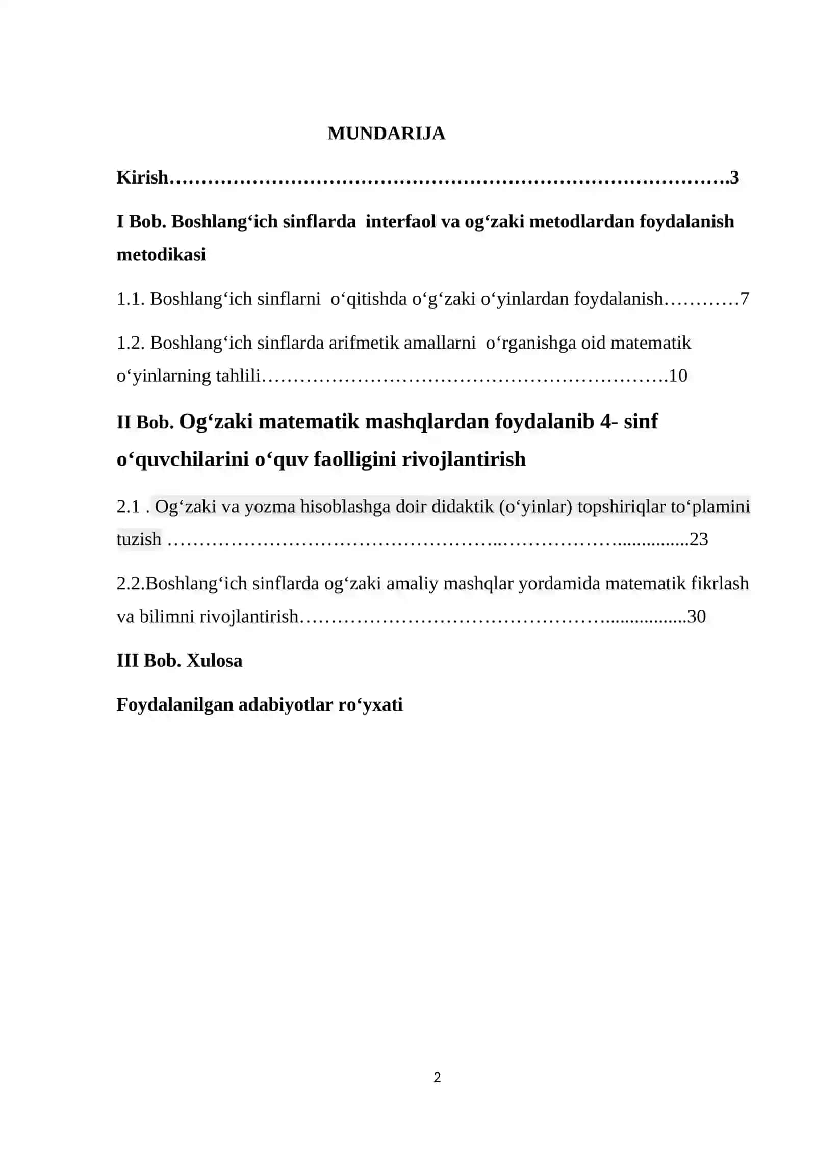 “OG‘ZAKI MATEMATIK MASHQLARDAN FOYDALANIB 4-SINF O‘QUVCHILARINI O‘QUV FAOLLIGINI RIVOJLANTIRISH” 2