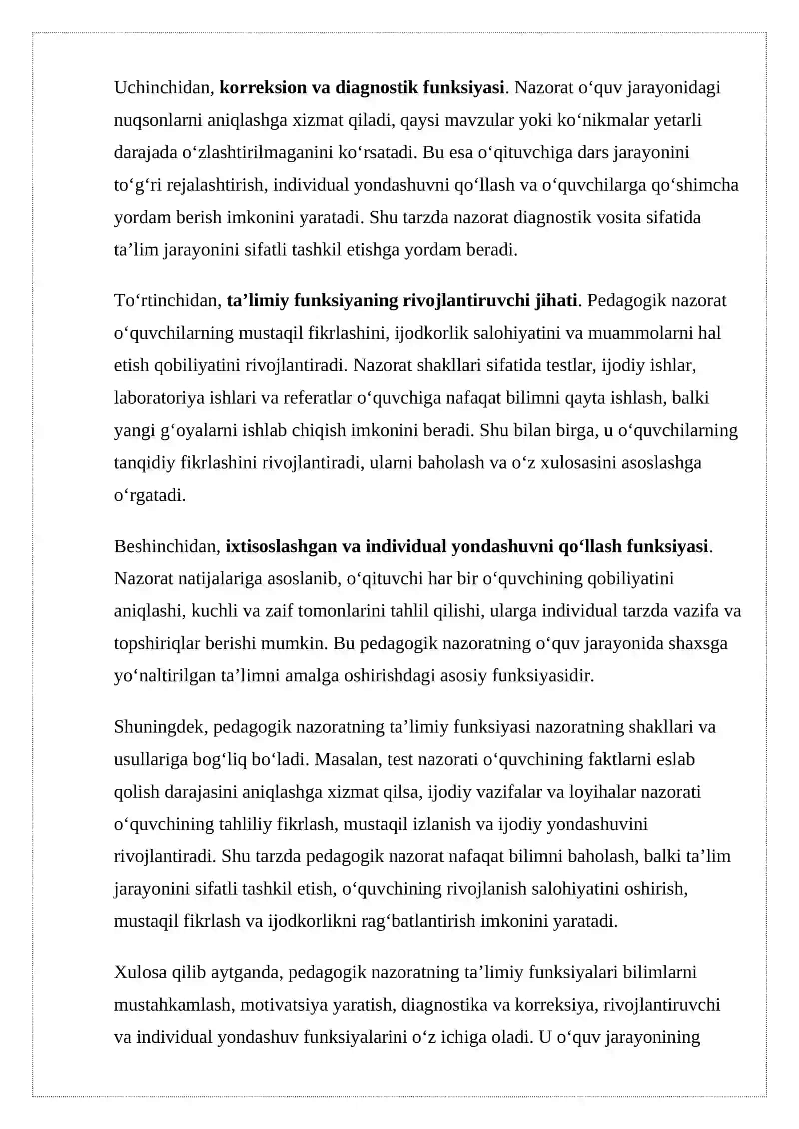 Pedagogik nazoratning ta’limiy funksiyalari. Shaxs rivojining diagnostik kartasi. Kasbga yo’naltirishning diagnostik metodikasi. Sinf (guruh) jamoasida o‘quvchining ijtimoiy makomini tashxis etish metodikasi. 2