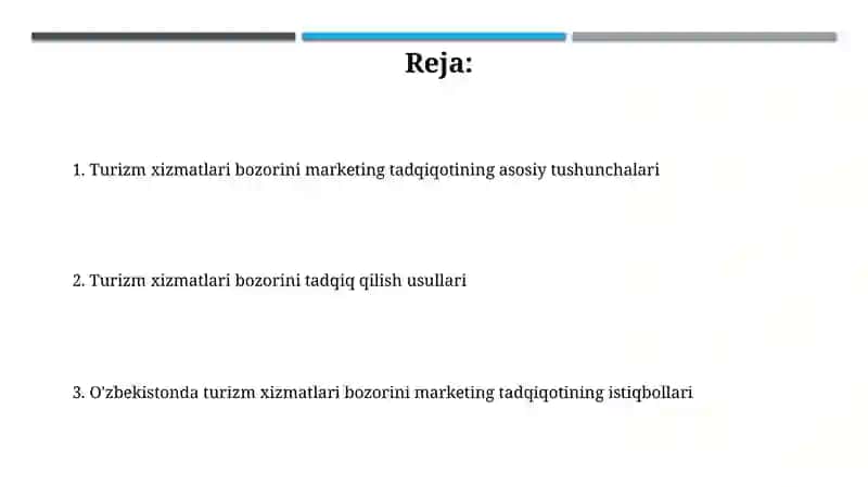 Turizm xizmatlari bozorining marketing tadqiqotlari 2