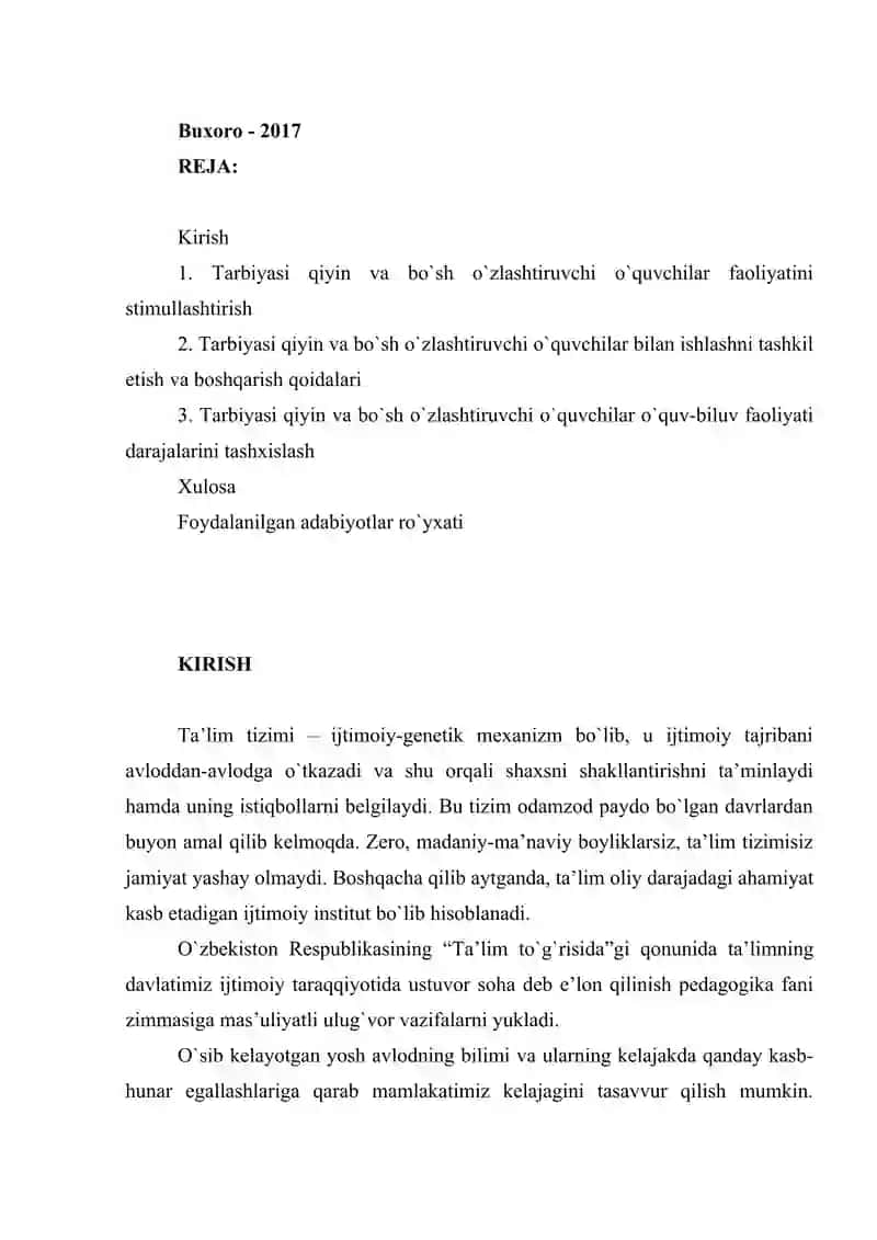 TARBIYASI QIYIN VA BO`SH O`ZLASHTIRUVCHI O`QUVCHILAR BILAN PEDAGOGIK FAOLIYAT OLIB BORISH METODIKASI 2