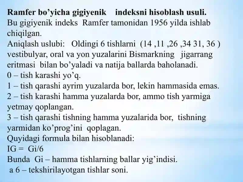 Og’iz bo’shlig’i gigiyenasi indeksi ko’rsatkichlari.JSST kriteriylari. 2