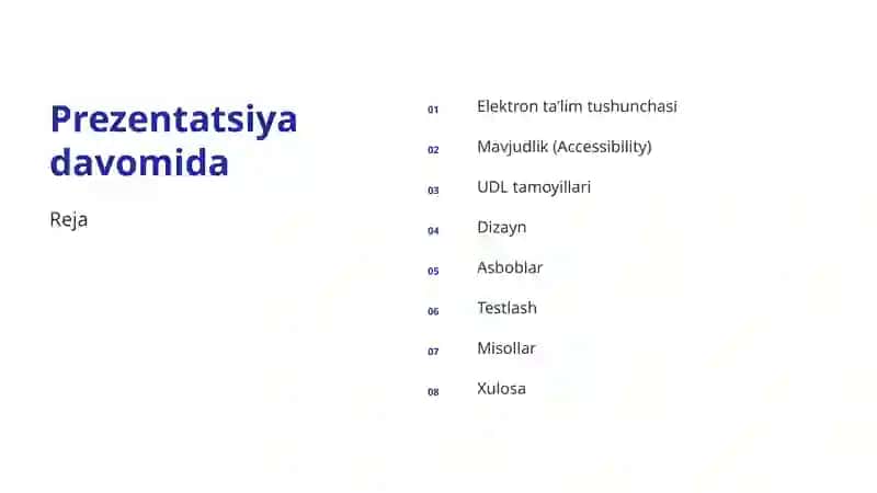 Elektron ta'limda mavjudlik va UDL tamoyillari, dizayn, asboblar, test 2