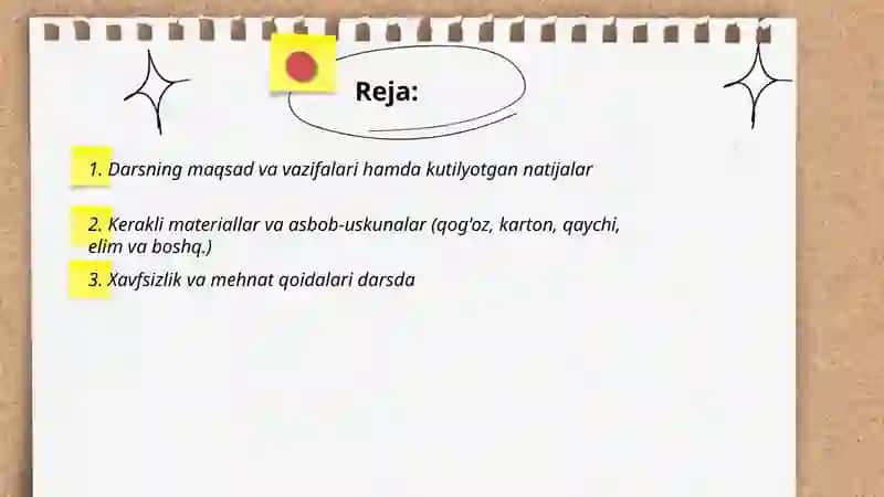 Qog'oz va karton bilan ishlash darslarining mazmuni by Tojiqulova Dilnura 2