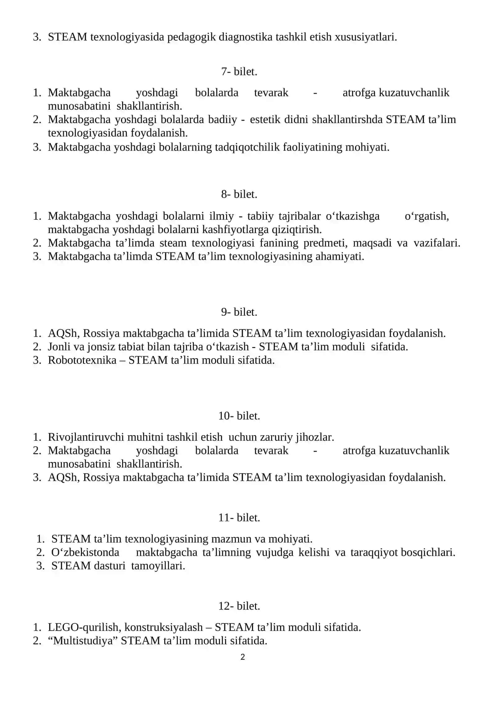 Maktabgacha ta’limda STEAM texnologiyasi fanidan yakuniy nazorat savollari 2