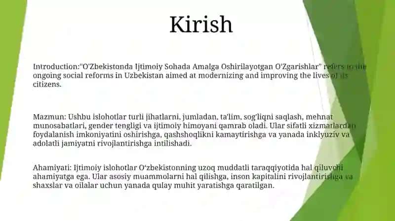 O'Zbekistonda Ijtimoiy Sohada Amalga Oshirilayotgan O'Zgarishlar 2