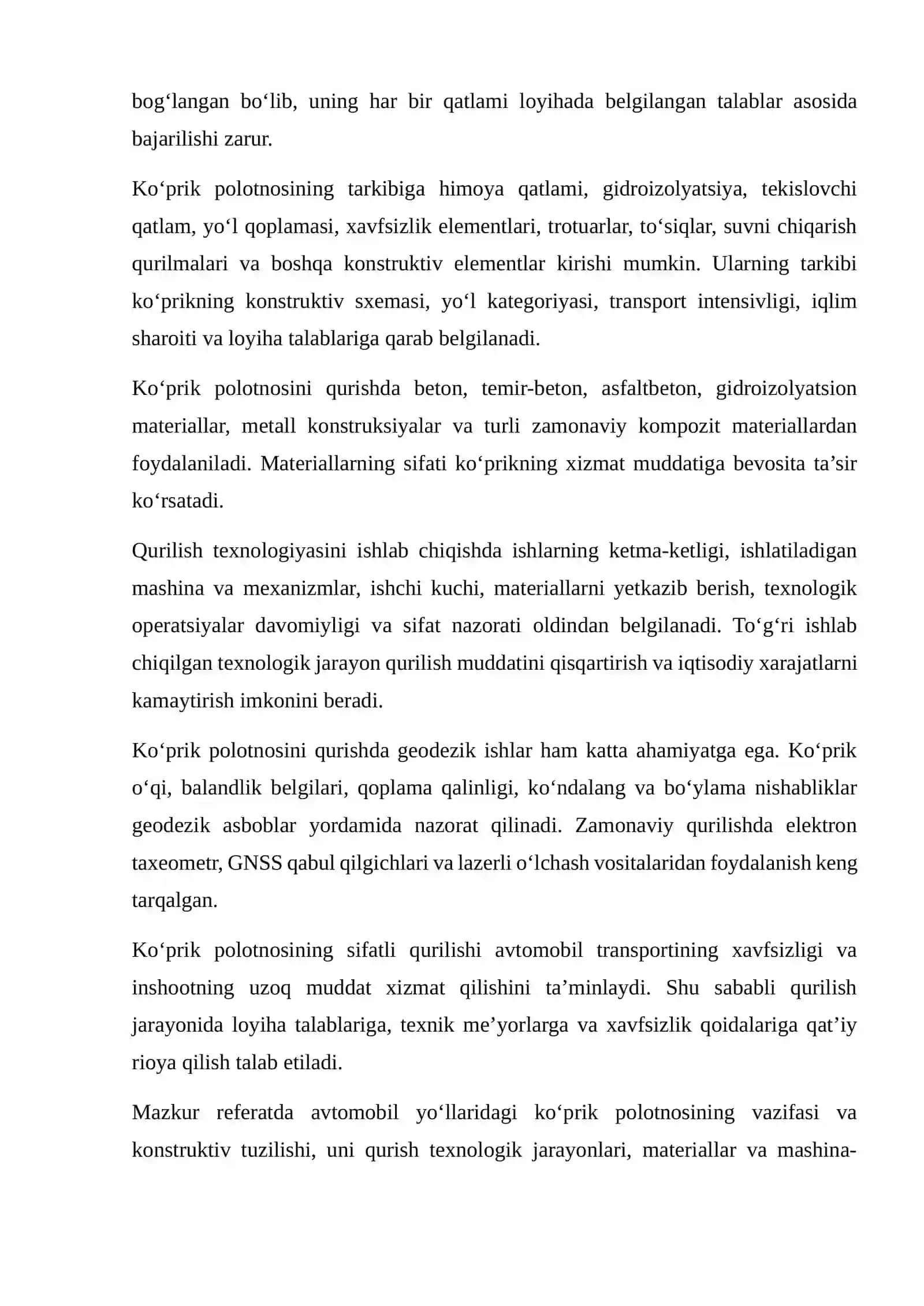 AVTOMOBIL YO‘LLARIDAGI KO‘PRIK POLOTNOSINI QURISH TEXNOLOGIK JARAYONLARINI ISHLAB CHIQISH 2