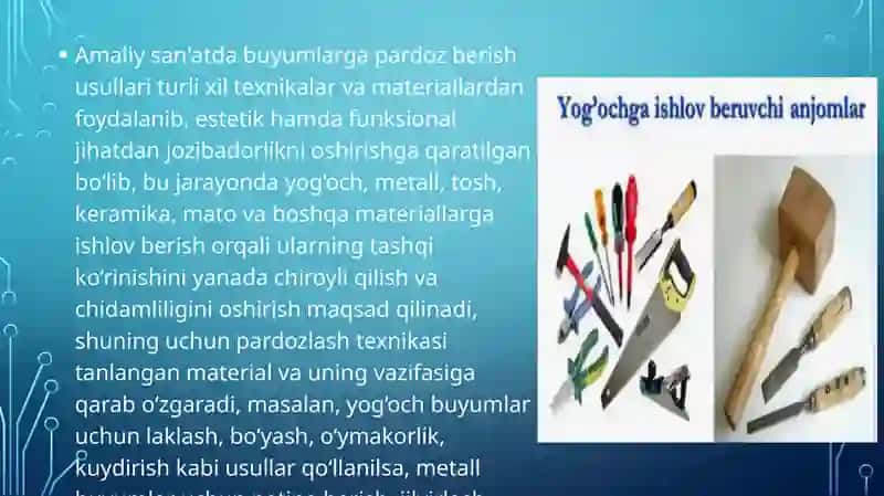 Taqdimot Amaliy san'atda buyumlarga pardoz berishni usullarini o'rganish. 2