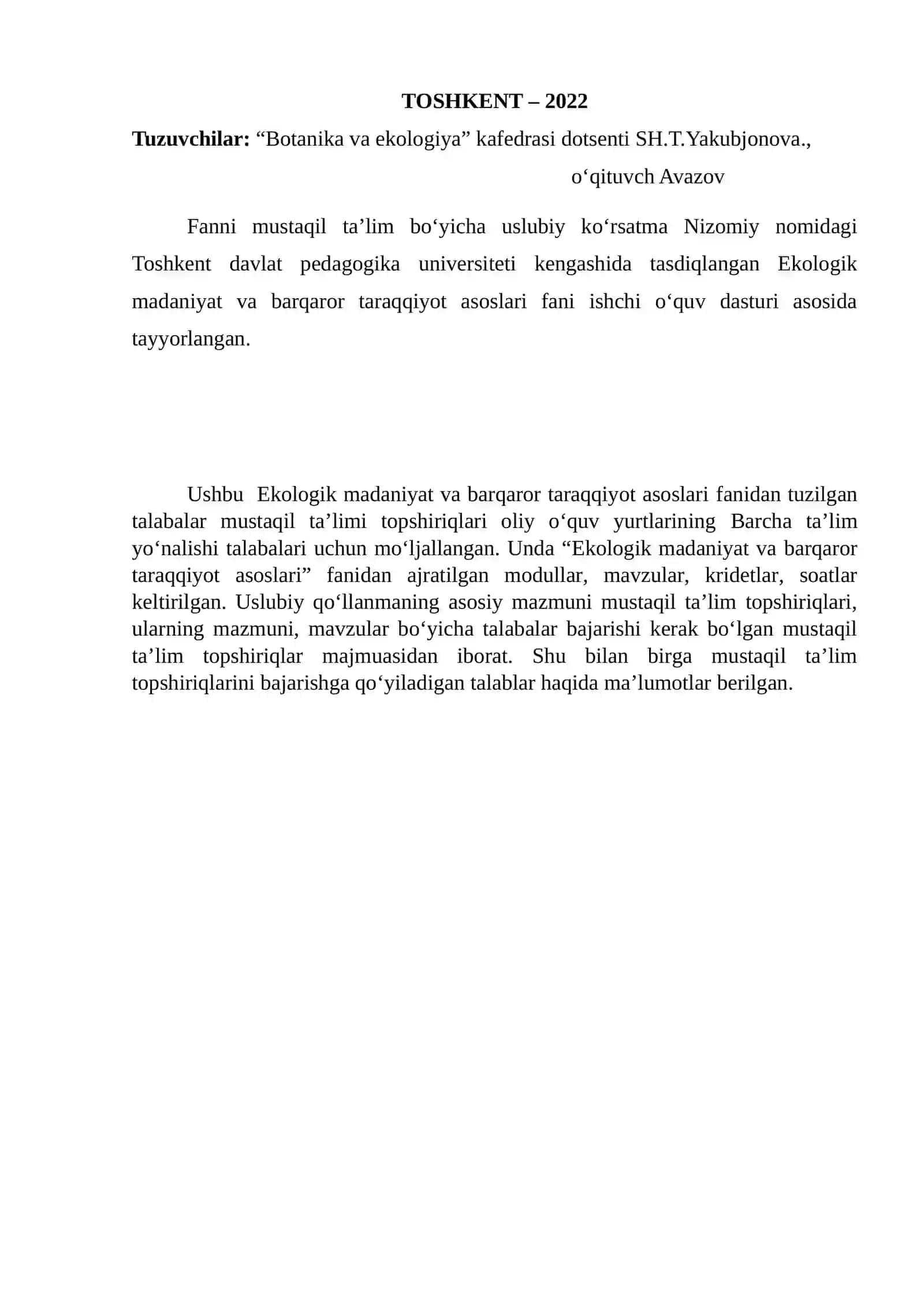 Ekologik madaniyat va barqaror taraqqiyot asoslari fani 2