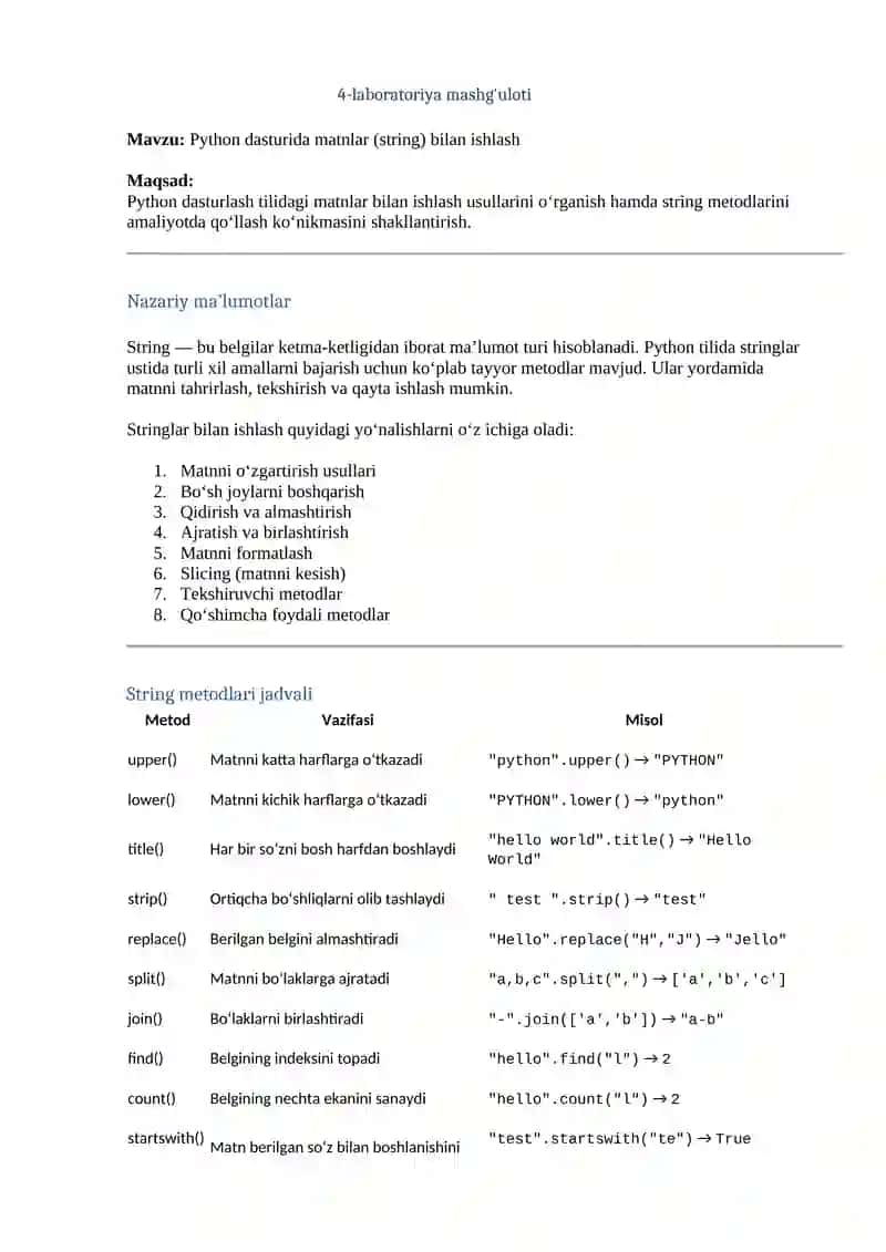 Python dasturida matnlar (string) bilan ishlash 2
