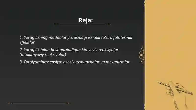 Yorug'likning issiqlik va kimyoviy ta'siri.Fotolyuminessensiya,fluoressensiya va fosforessensiya 2