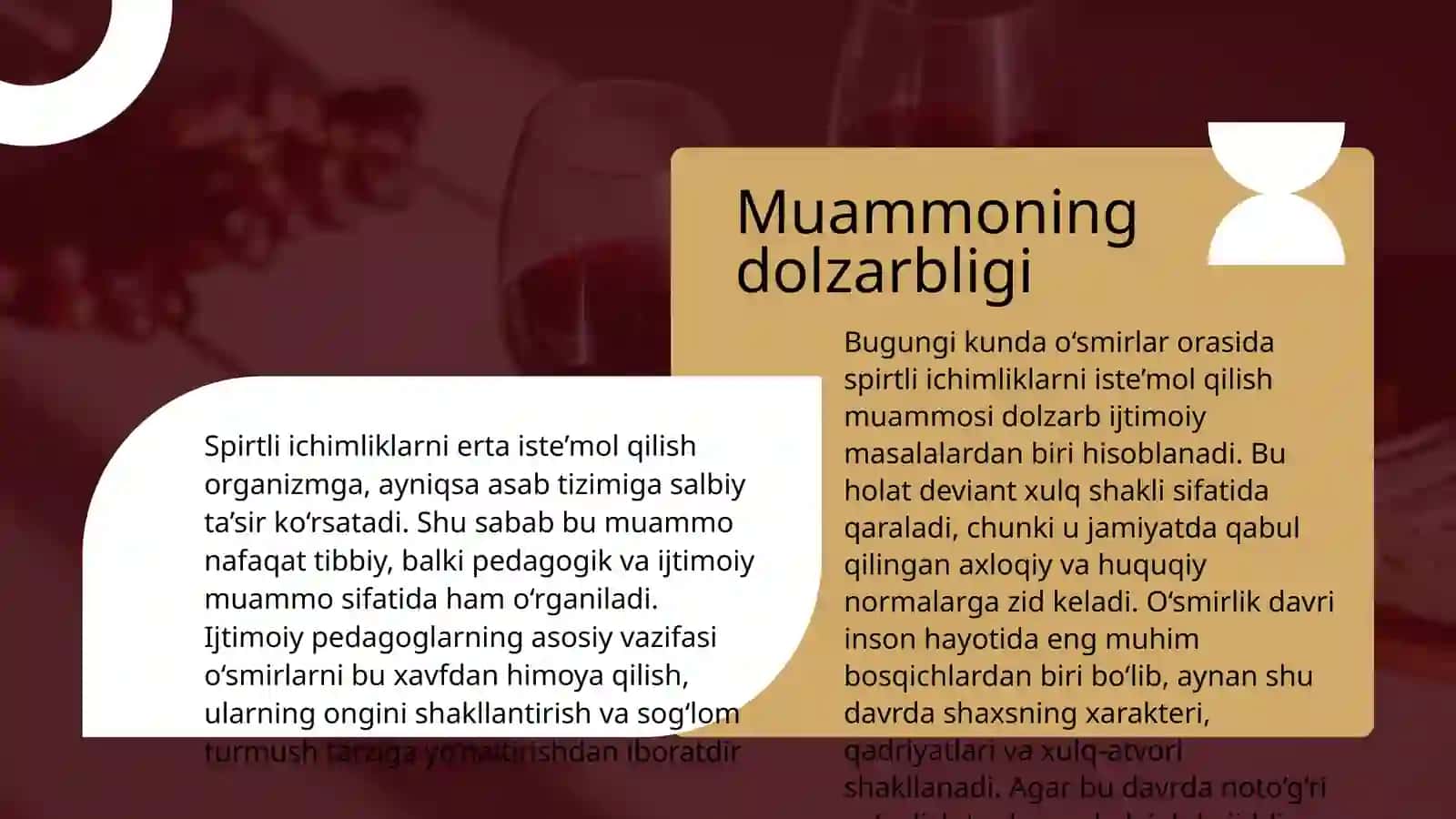 Spirtli ichimliklar is'temol qilishga moyil o'smirlar bilan olib boriladigan ijtimoiy pedagogik faoliyat. 2