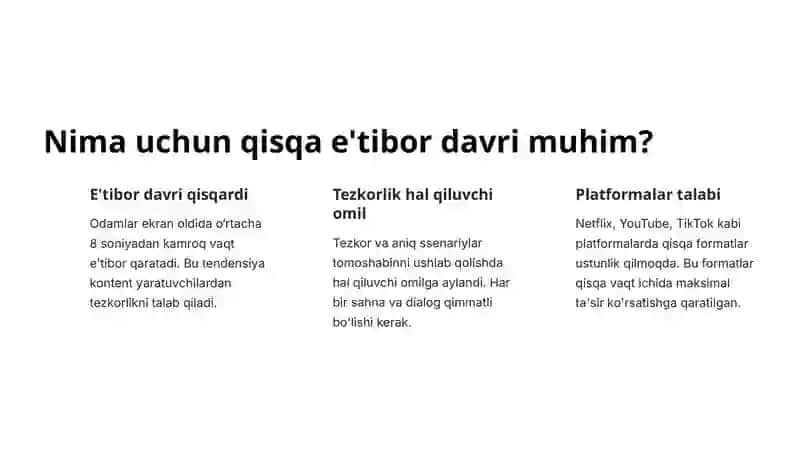 Qisqa e'tibor davrida ssenariy yozish: Kino va televideniya uchun samarali usullar 2
