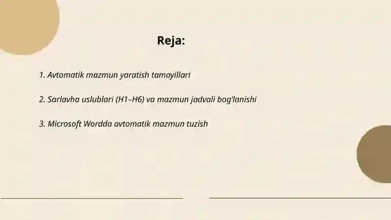 Avtomatik havolalar va mazular jadvali (Table of Contents) bilan ishlash 2