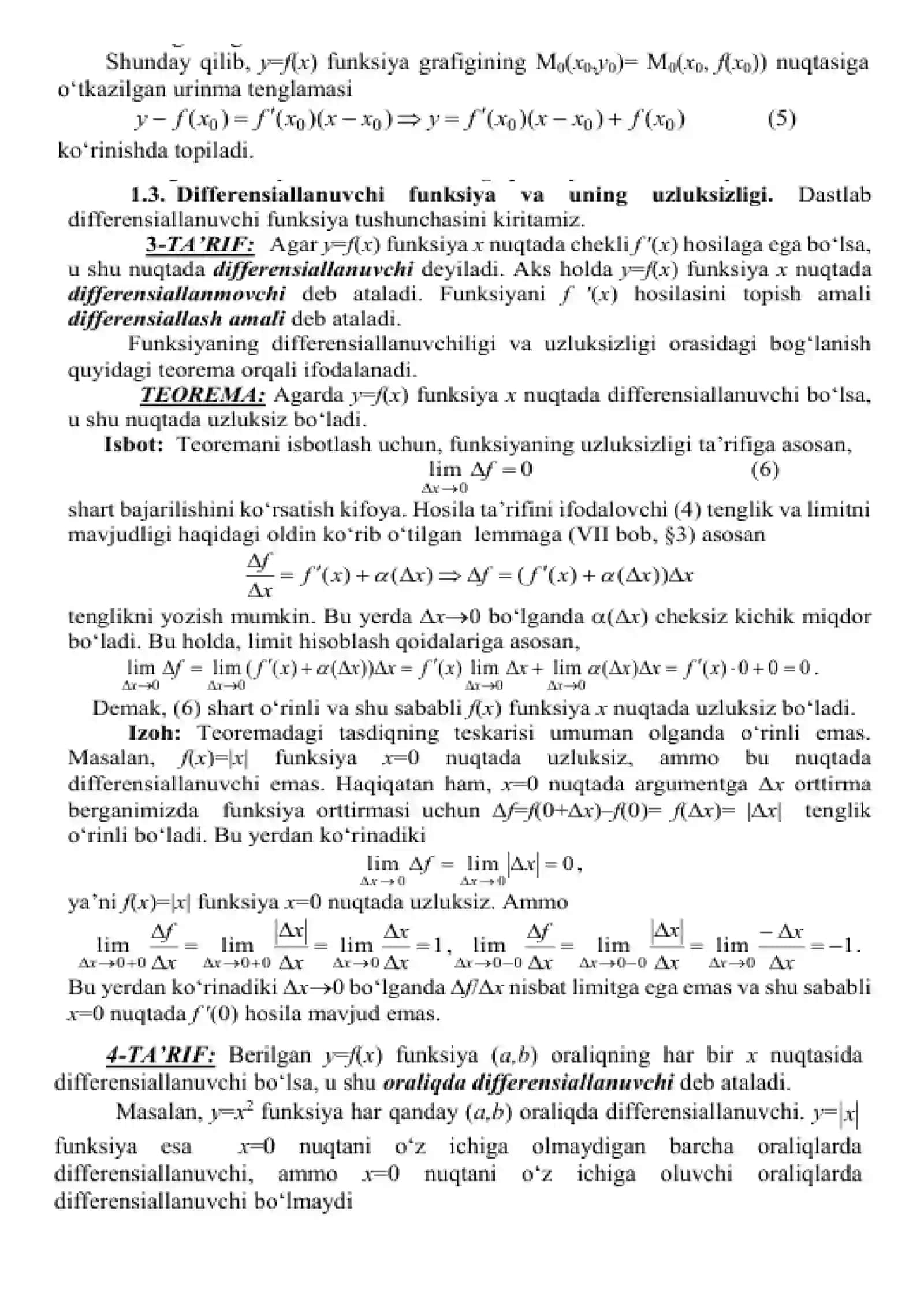 Funksiyaning nuqtadagi hosilasi, hosilaning mexanik, geometrik, kimyoviy va boshqa talqinlari. Hosila olishning asosiy qoidalari. Yuqori tartibli hosila va differensiallar. Differensial hisobning asosiy teoremalari. Lopital qoidasi 2