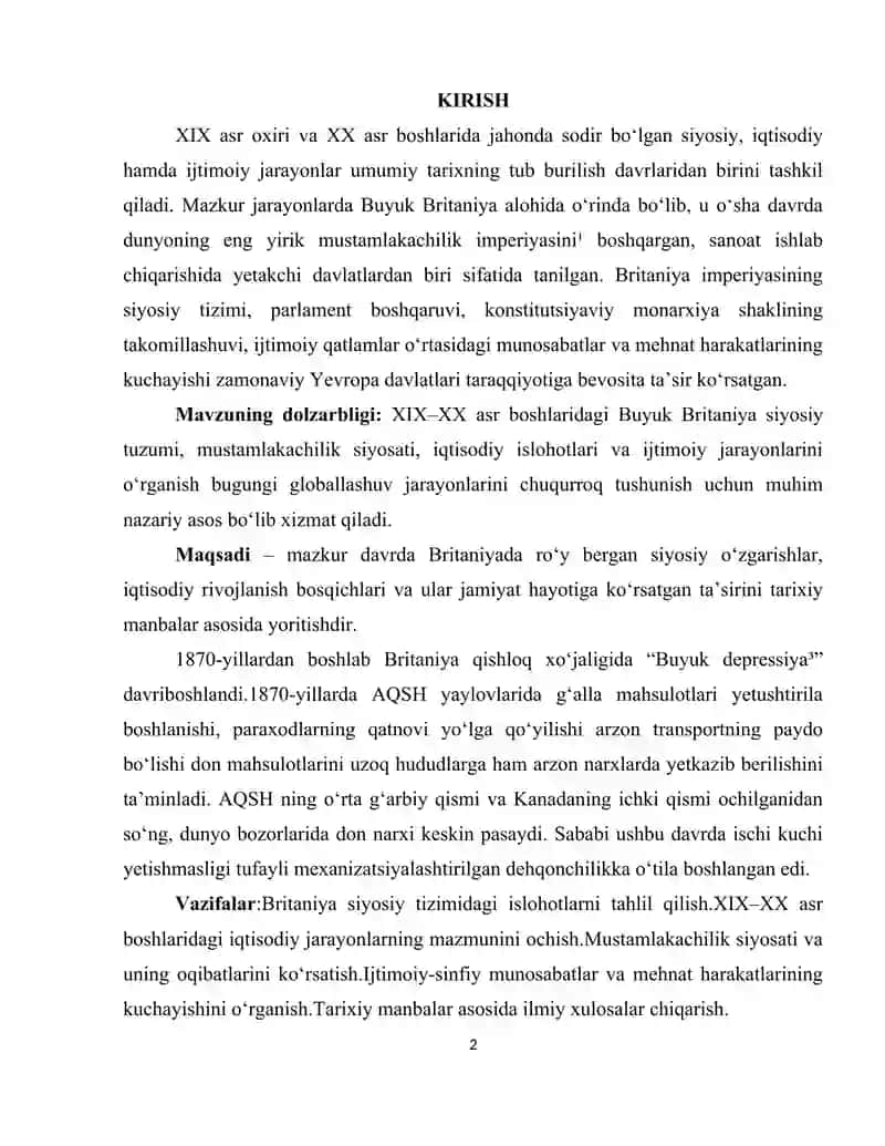 Mavzu: “XIX asr oxiri - XX asr boshlarida Buyuk Britaniyaning siyosiy va iqtisodiy ahvoli” mavzusini oʻrganish. 2