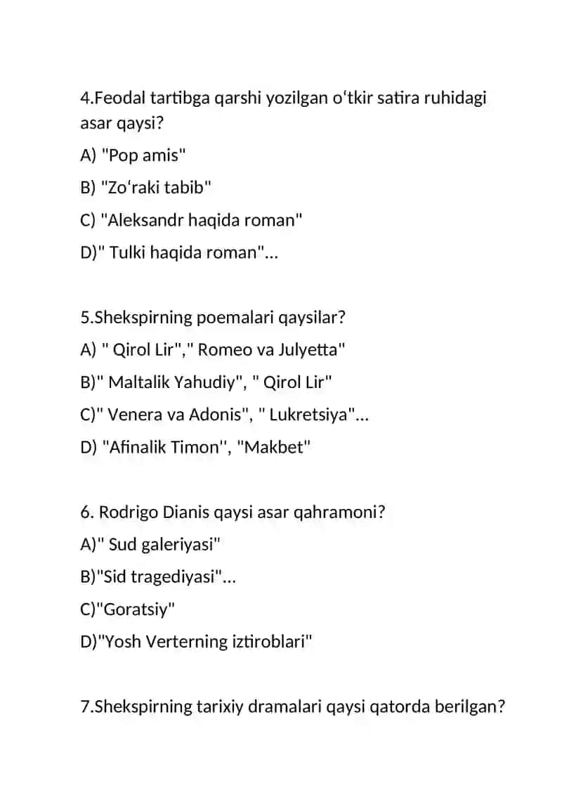 Jahon adabiyoti fanidan test savollari 2