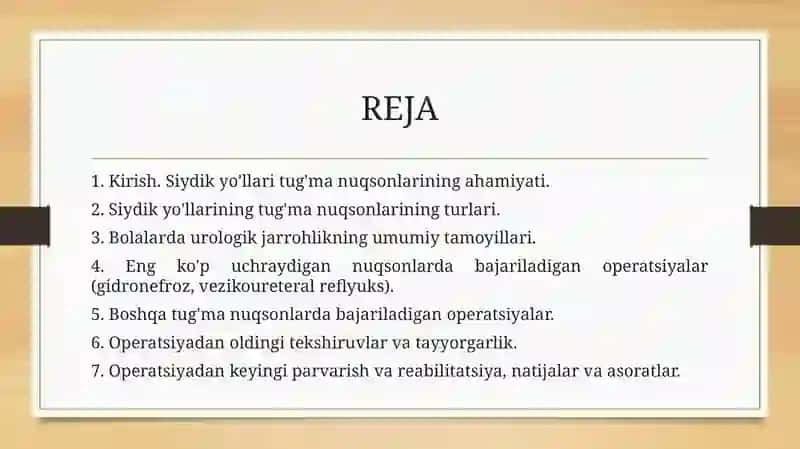 Siydik yoʻllarining tugʻma nuqsonlarida bajariladigan operatsiyalar 2