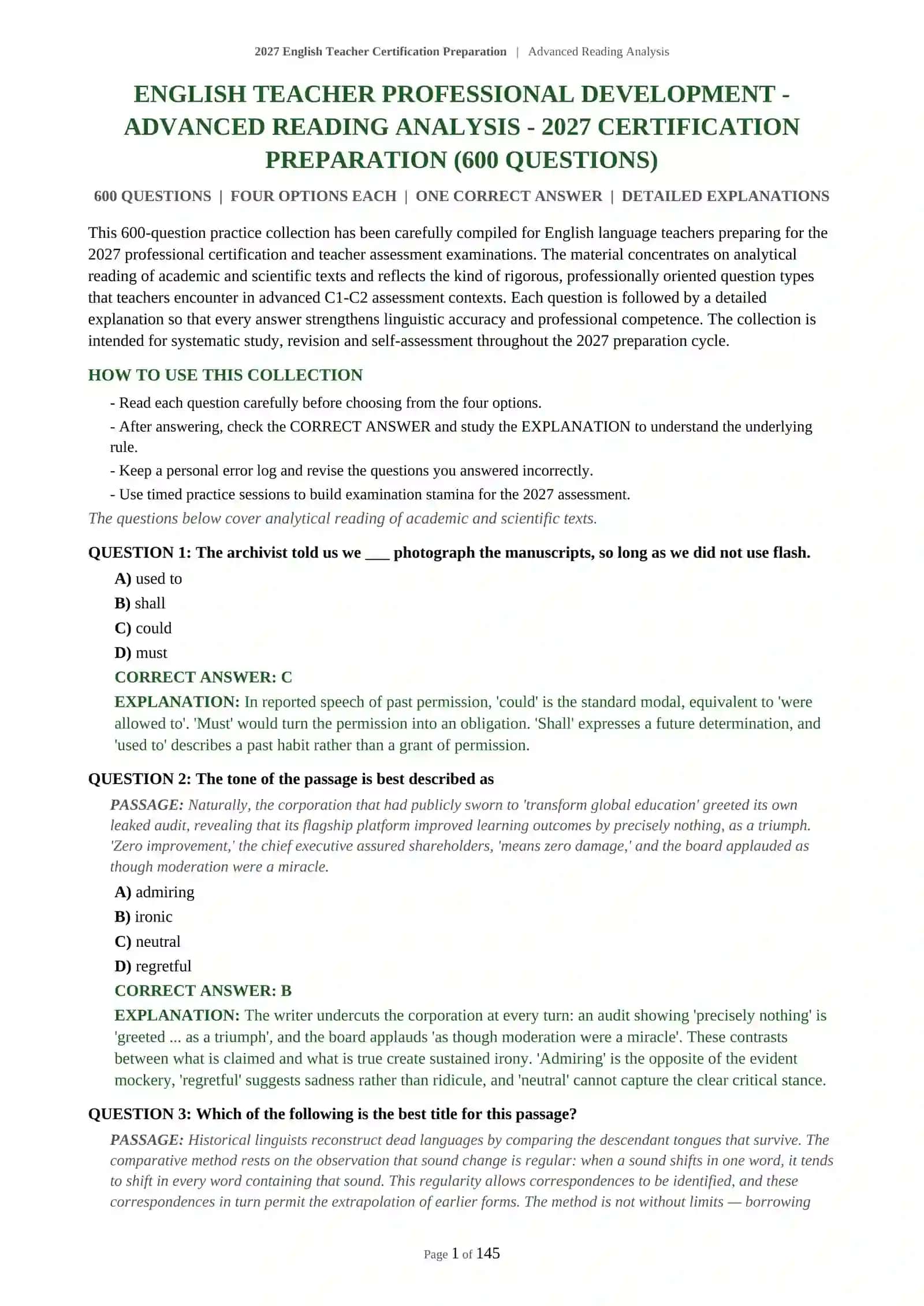 ENGLISH TEACHER PROFESSIONAL DEVELOPMENT - ADVANCED READING ANALYSIS - 2027 CERTIFICATION PREPARATION 2