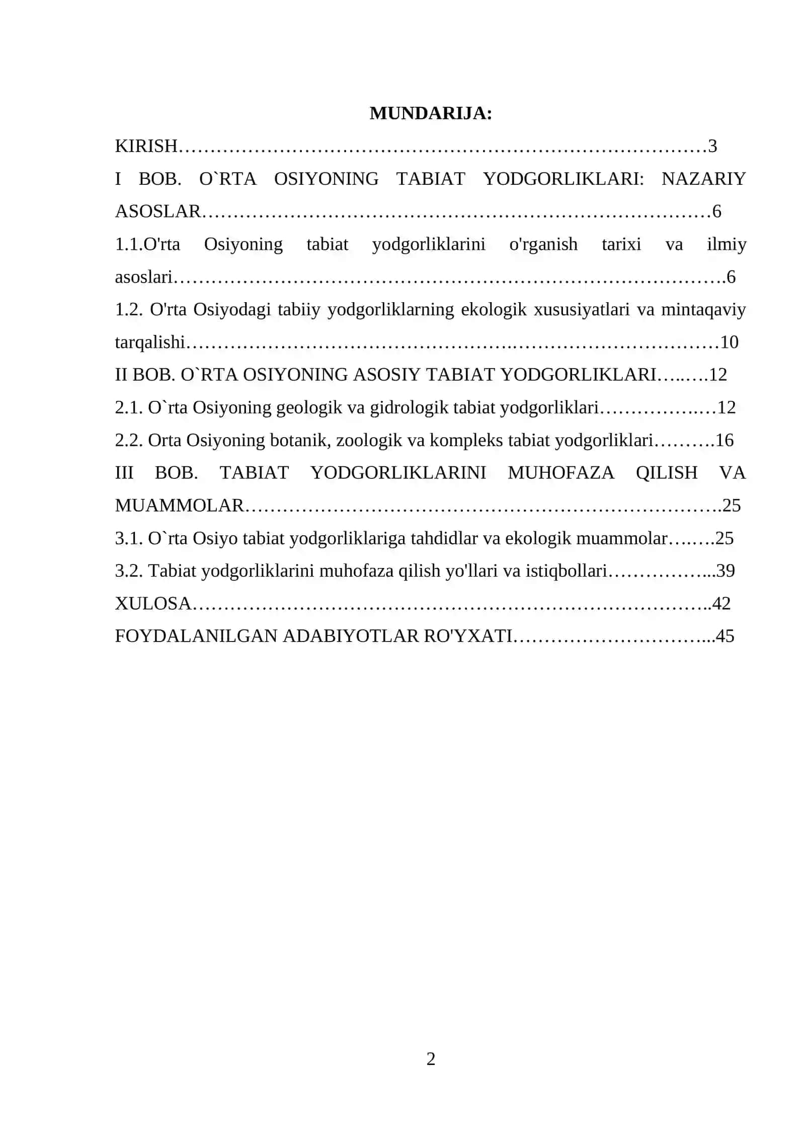 О`rtа Оsiуоning tаbiаt  уоdgоrliklаri vа ulаrni muhоfаzа qilish mavzusida kurs ishi 2