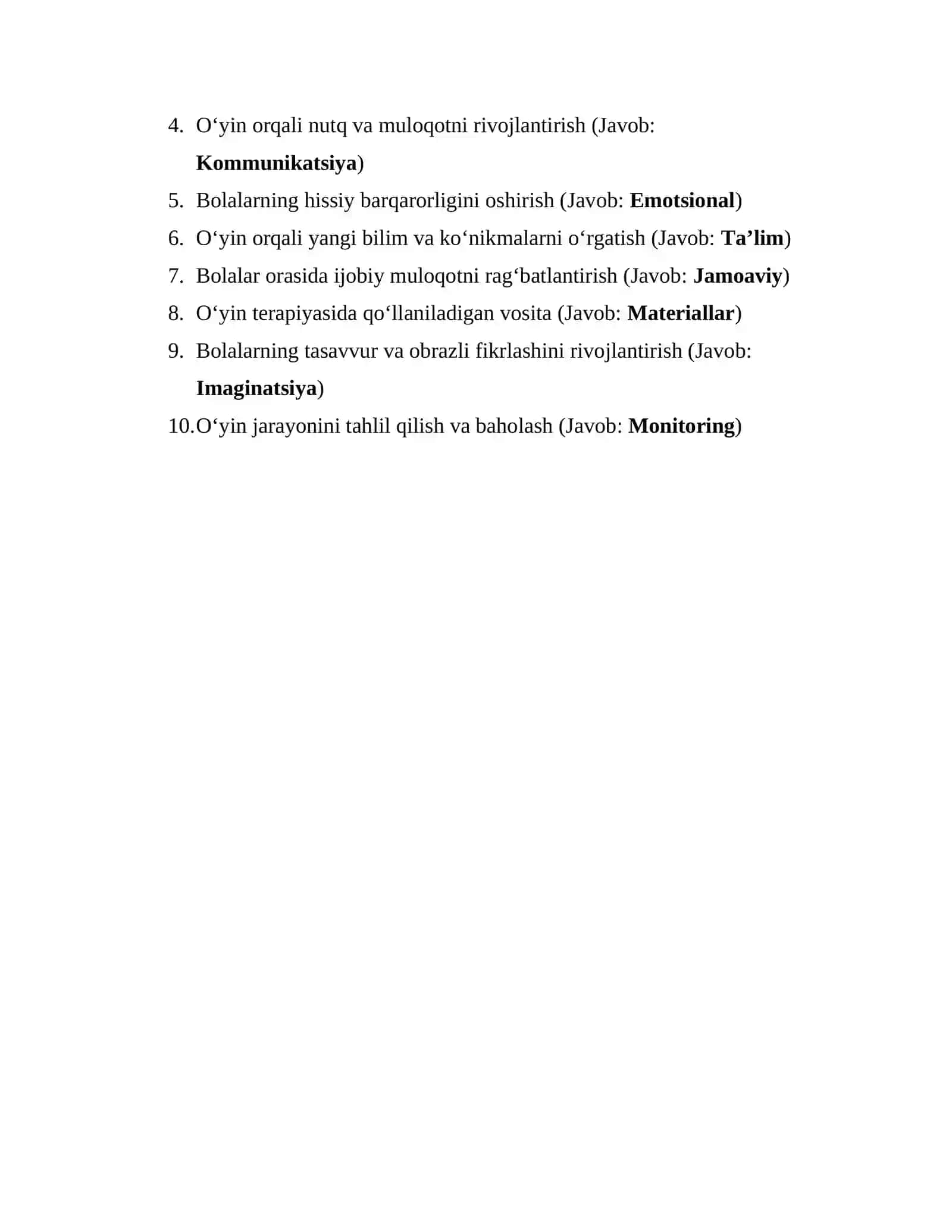 O‘yin terapiyasi – 20 ta krossvord savollari 2