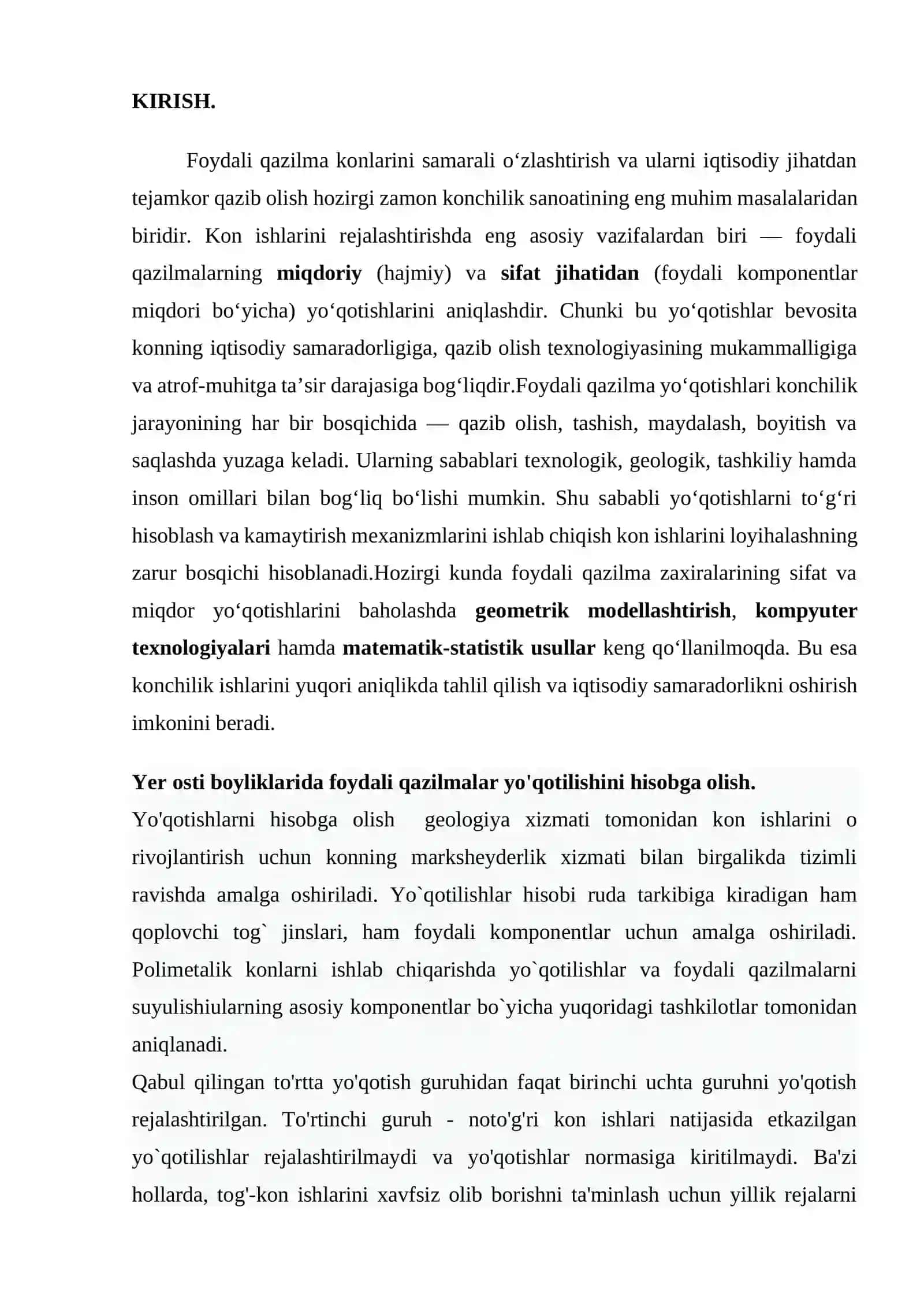 Foydali qazilmalarning miqdor va sifat jihatidan yo'qotishlarini, aniqlash hisobga olish 2