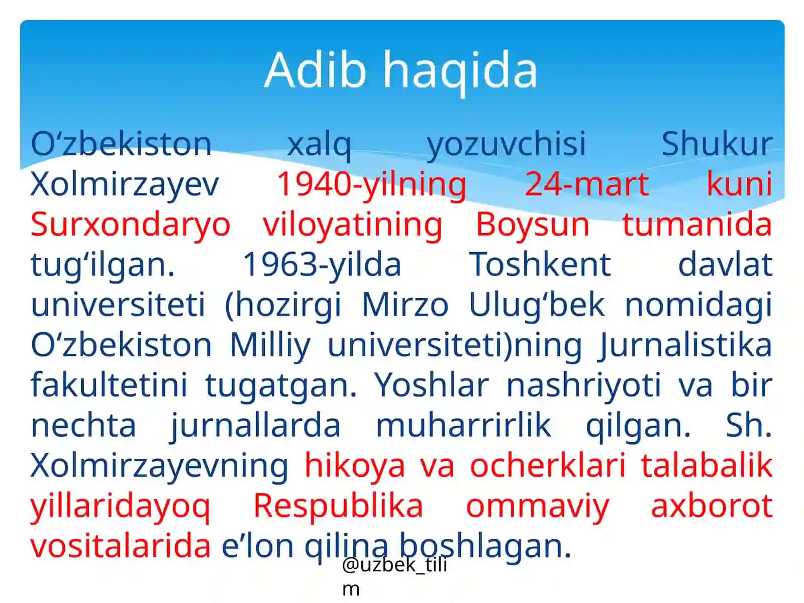 Shukur Xolmirzayev hayoti va ijodi. Hikoyalari 2