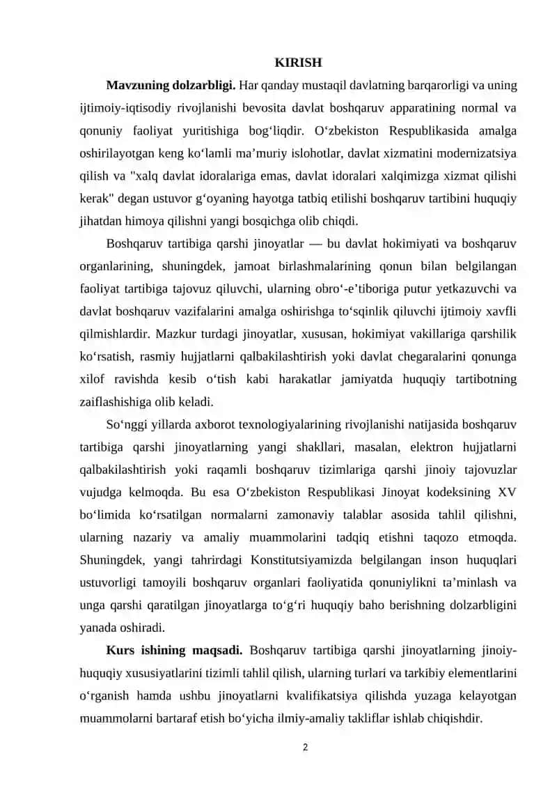 O'ZBEKISTON QONUNCHILIGIDA BOSHQARUVGA QARSHI JINOYATLAR 2