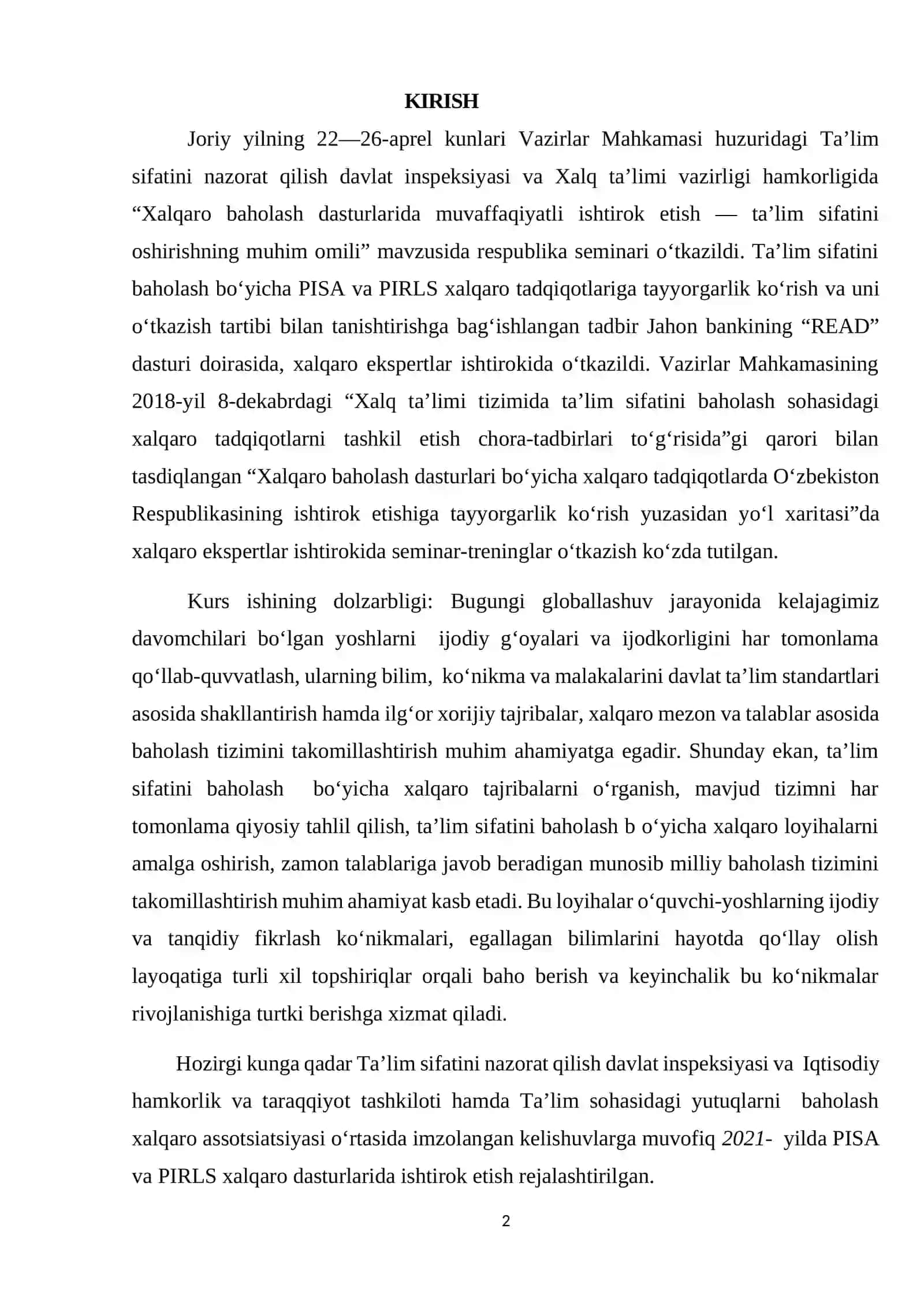 Xalqaro baholash dasturlarida muvaffaqiyatli ishtirok etish — ta’lim sifatini oshirishning muhim omili 2