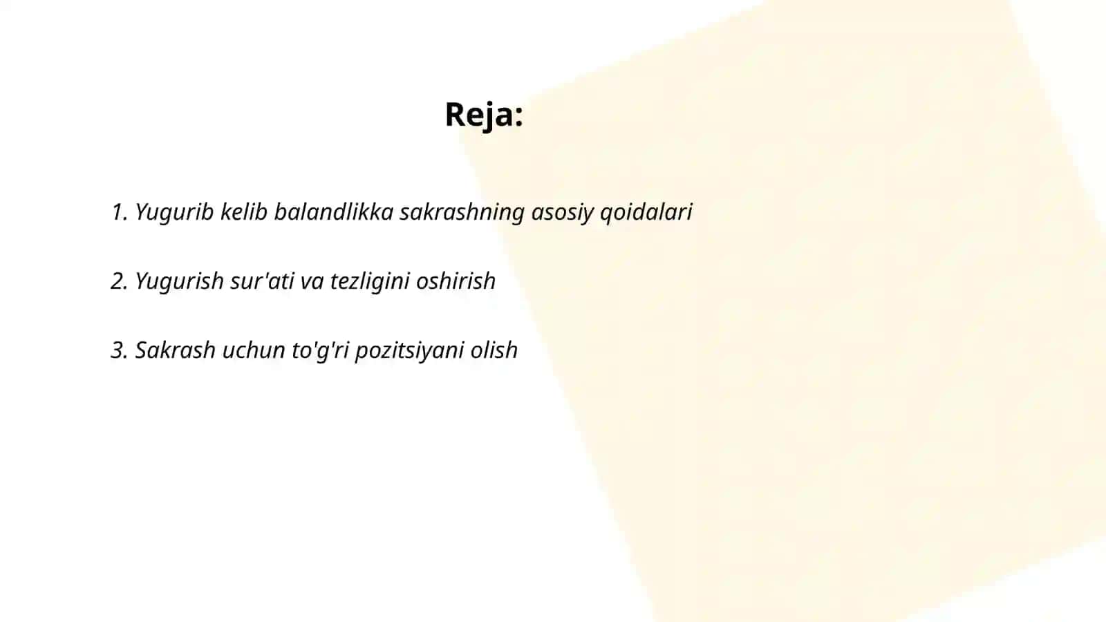 Yengil atletika.Yugurib kelib balandlikga sakrash texnikasini o'rgatish 2