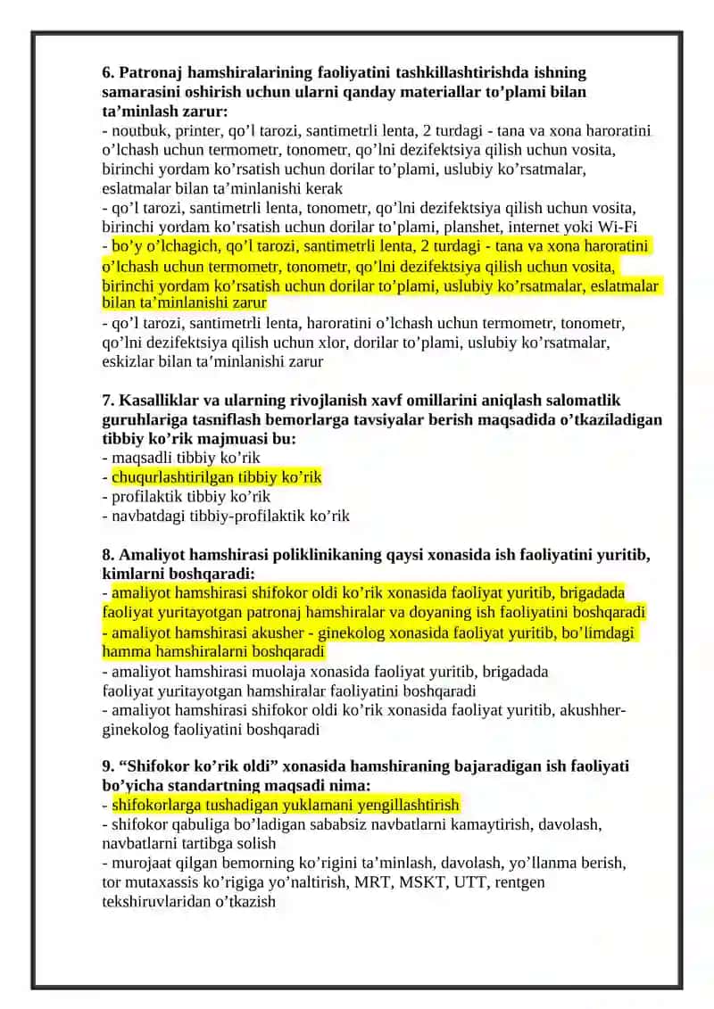 Hamshiralik ishi (patronaj hamshiralari) mutaxassisligi bo’yicha shakllantirilgan test savollari ro’yxati argost test 100 % 2