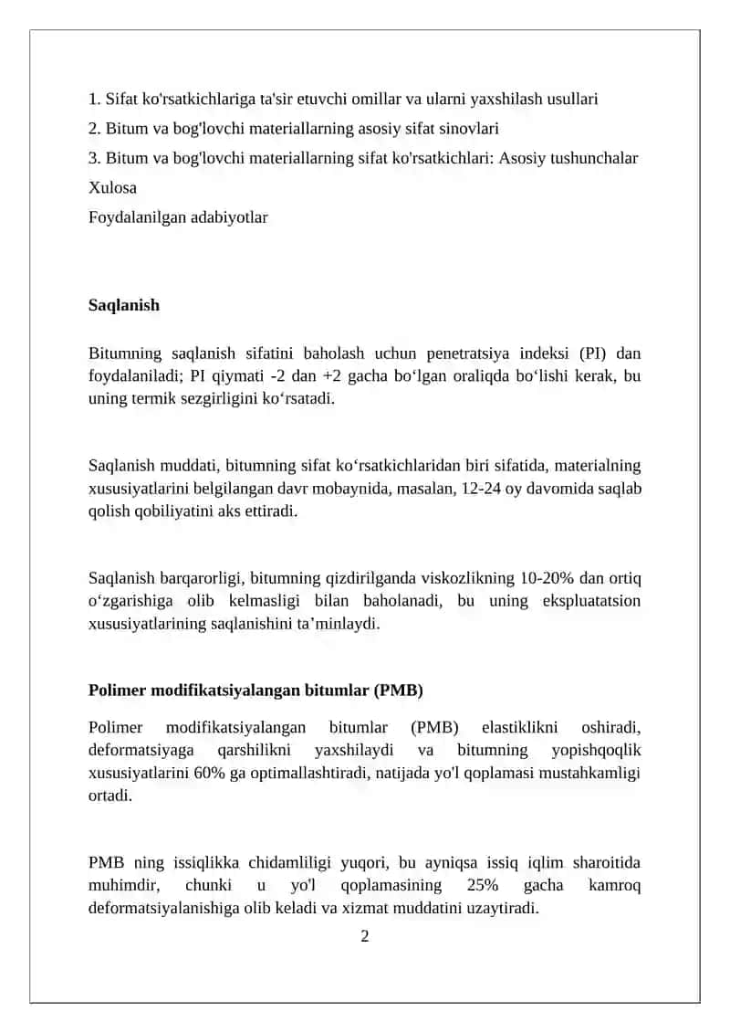 Bitum va bogʻlovchi materiallarning sifat koʻrsatkichlari 2