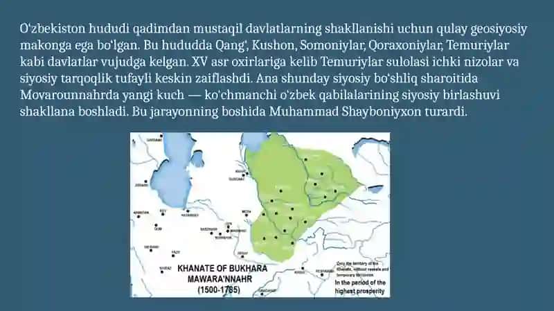 Oʻzbek davlatchiligining tarixiy bosqichlari.ozbekiston hududidagi Shayboniylar davlati tarixi hisobida 2