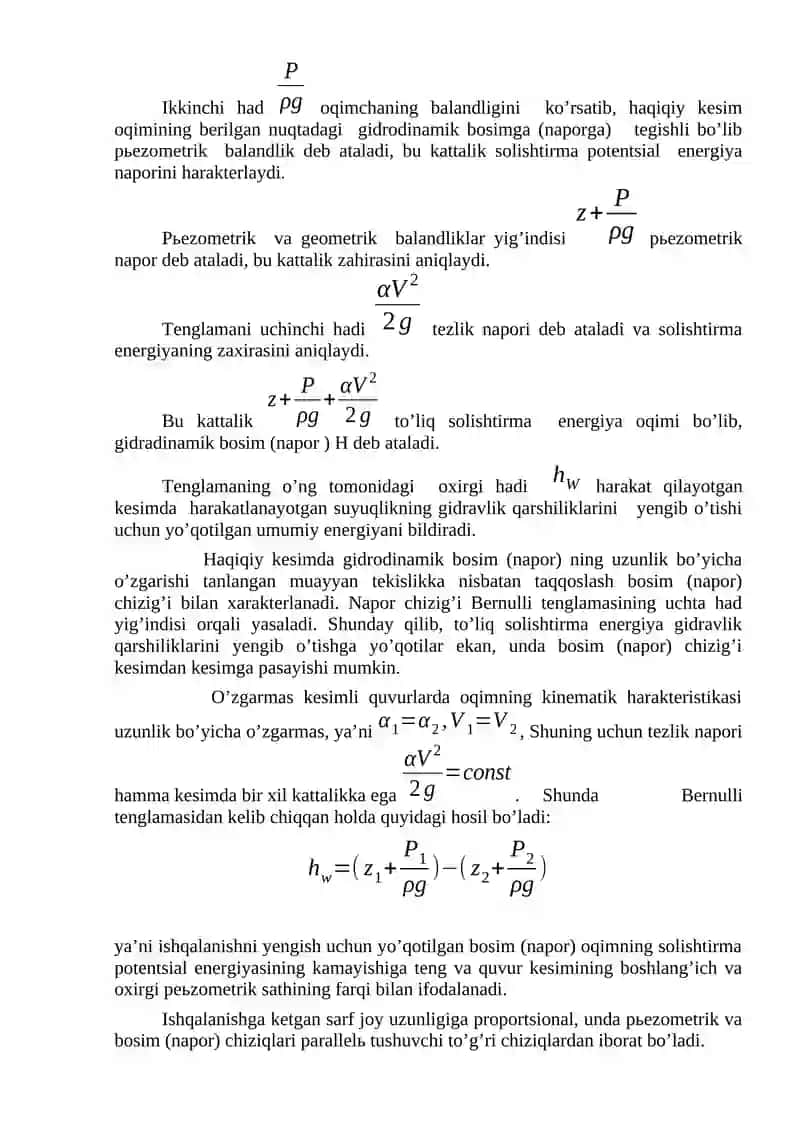 BERNULLI TENGLAMASI YoRDAMIDA PЬEZOMETRIK VA GEOMETRIK BOSIM CHIZIG’I DIAGRAMMASINI TUZISH 2