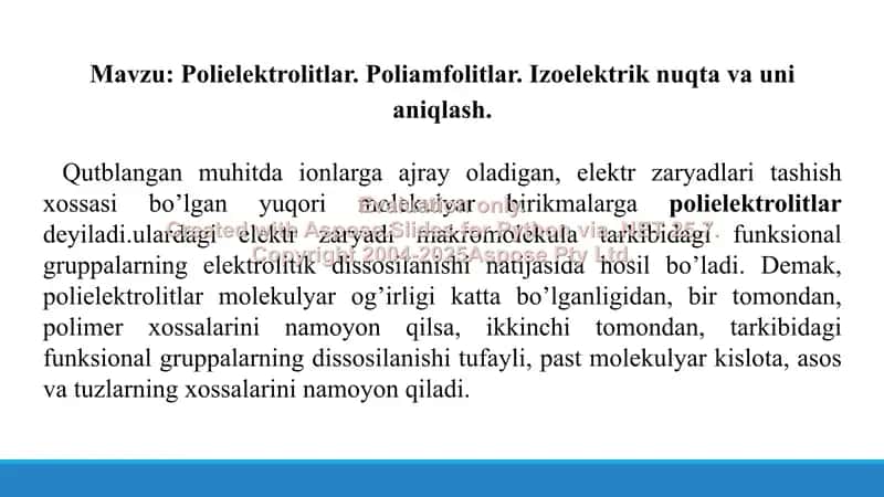 13.1. Polielektrolitlar. Poliamfolitlar. Izoelektrik nuqta va uni aniqlash. Taqdimot, 11 bet 2