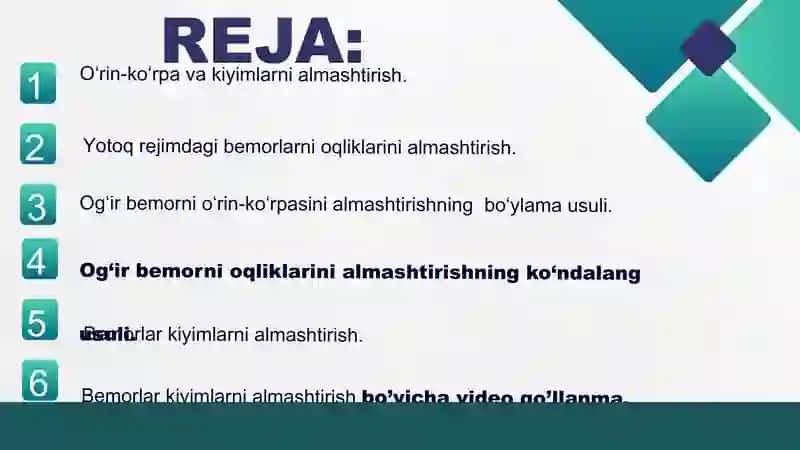 Yotoq yarali bemorlar  o‘rin-ko‘rpa, oqliklarini almashtirish texnikasi. 2