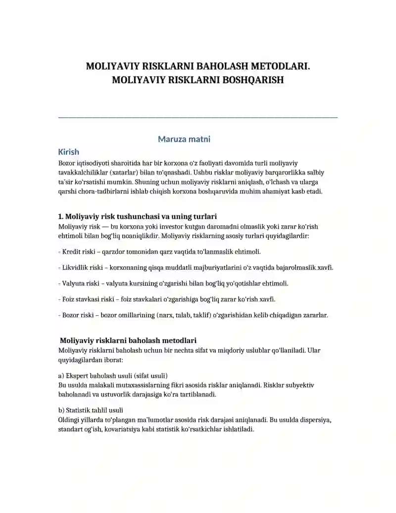 Moliyaviy Risklarni Baholash Metodlari 2