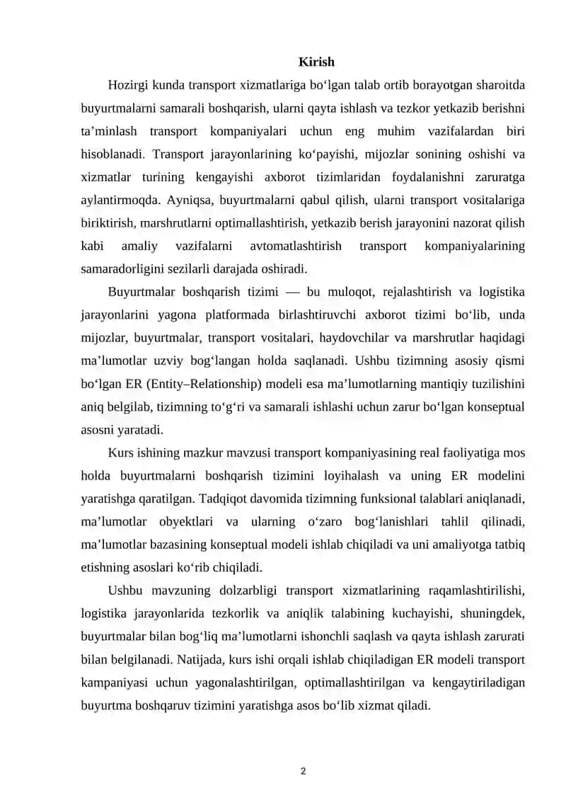 BOB. TIZIMNING MA’LUMOTLAR BAZASINI LOYIHALASH 2