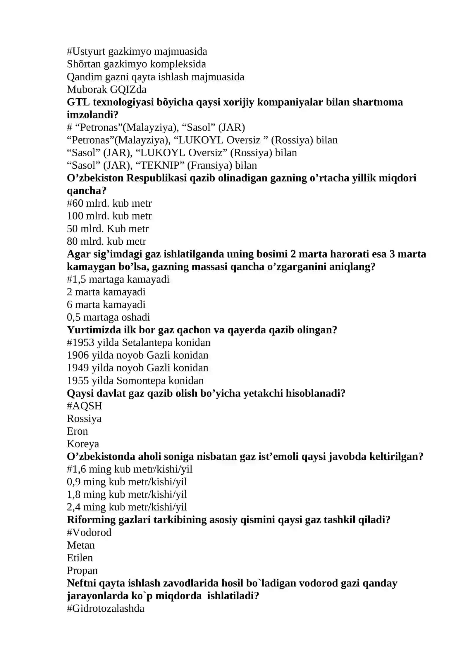 GAZNI QAYTA ISHLASH KIMYOSI  VA TEXNOLOGIYASI fanidan yakuniy testlar 2