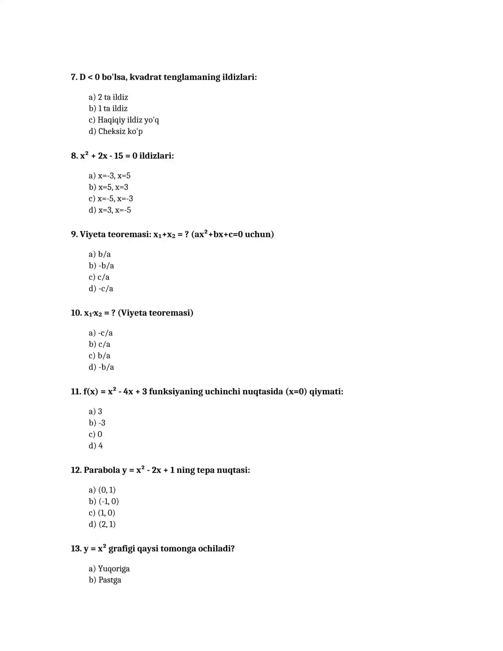 8-SINF MATEMATIKA FANI BO'YICHA TEST SAVOLLARI 2