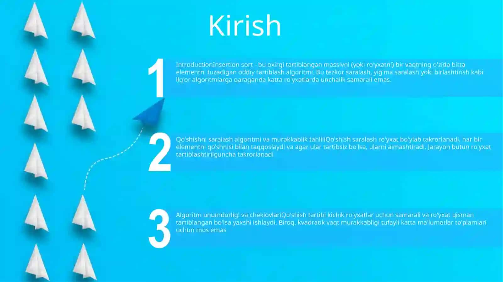 Insertion Sort Algoritimi Va Uning Murakabligi Bahosi Algoritim Bajarilishi Algoritimning Murakabligi Algoritimning Kamchiligi 2