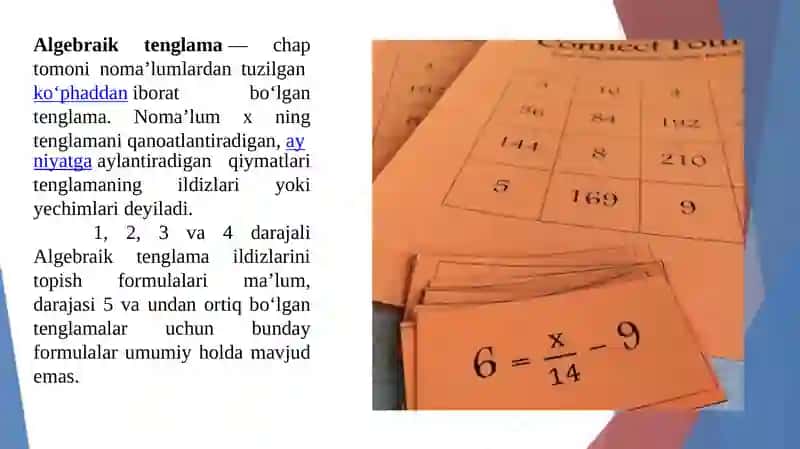 Algebraik va transendent tenglamalarni yechish.  Tenglamalarni yechishda vatarlar va Nyuton usullari. Insertion saralash algoritmi 2