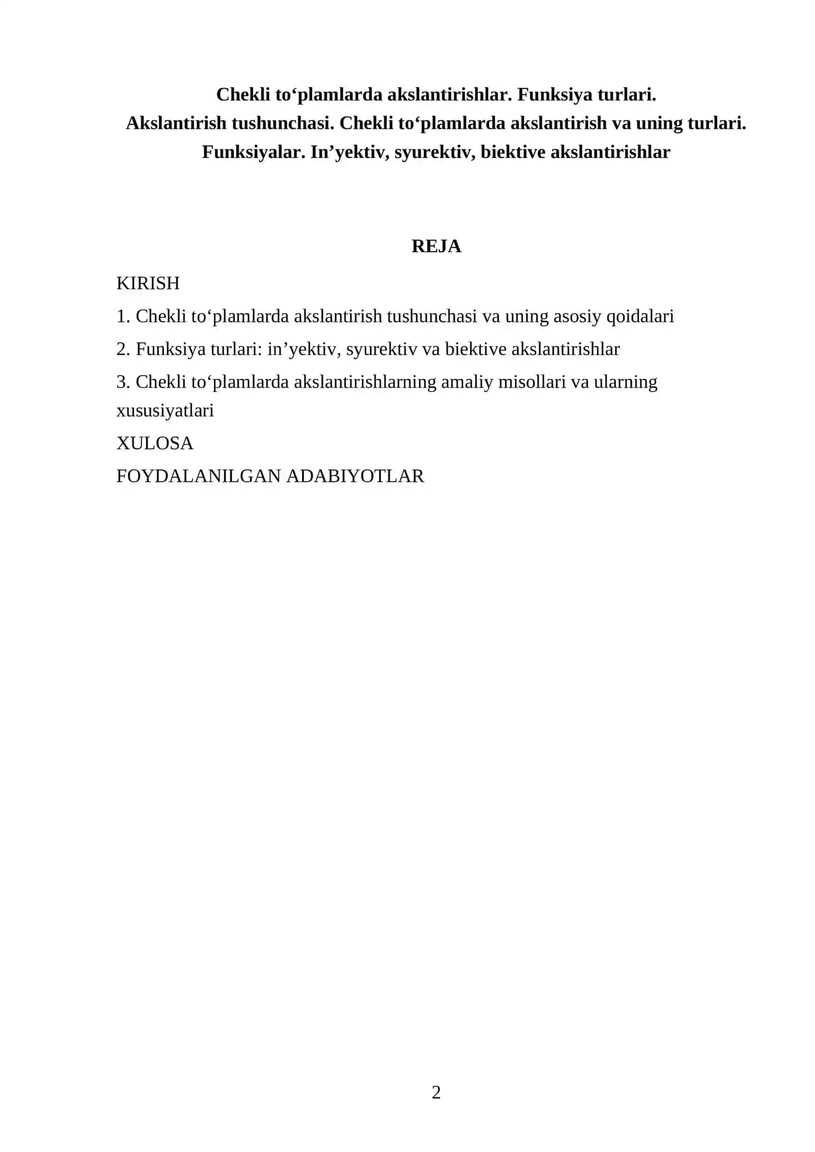 Chekli to‘plamlarda akslantirishlar. Funksiya turlari 2
