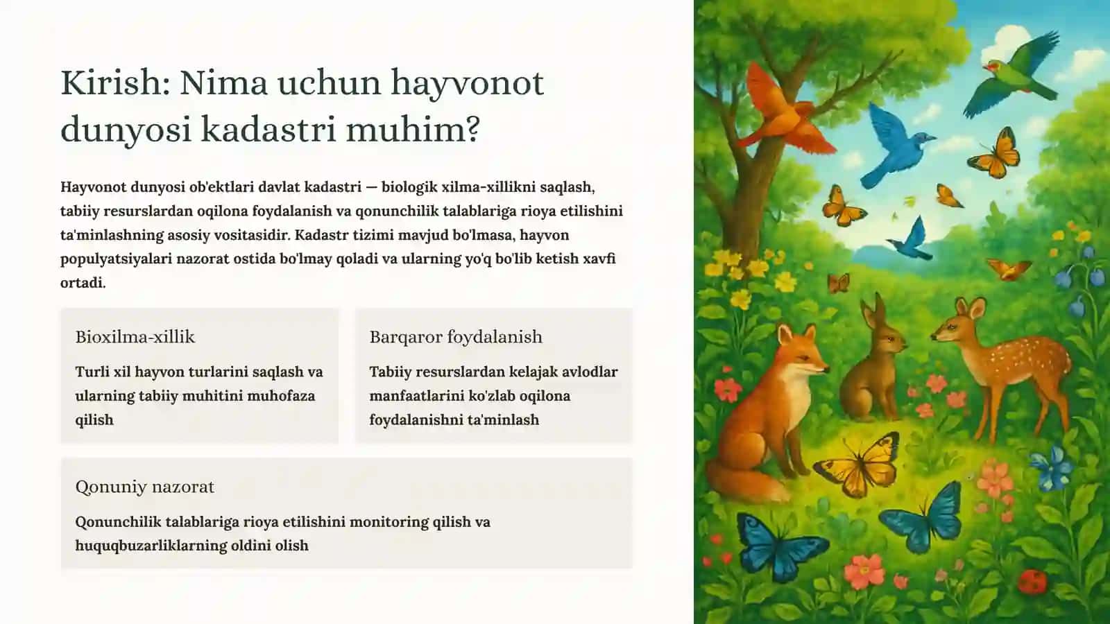 Hayvonot dunyosi ob'ektlari davlat kadastri: Huquqiy asoslar va ahamiyati 2