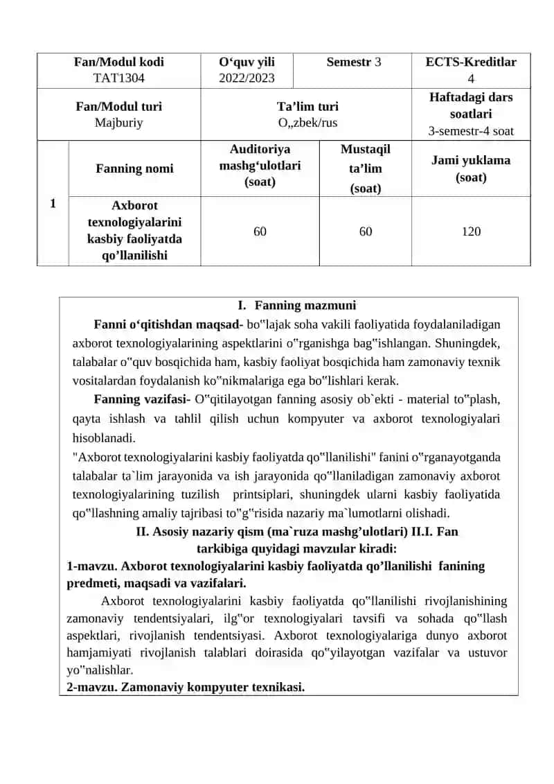 Axborot texnologiyalarini kasbiy faoliyatda qo’llanilishi 2
