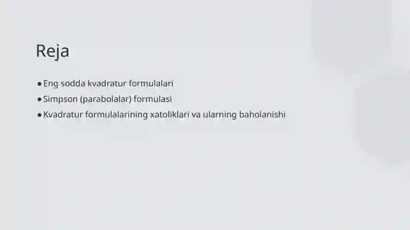 Eng sodda kvadratur formulalari. Eng sodda trapetsiya, Simpson kvadratur formulalari va ularning xatoliklari 2
