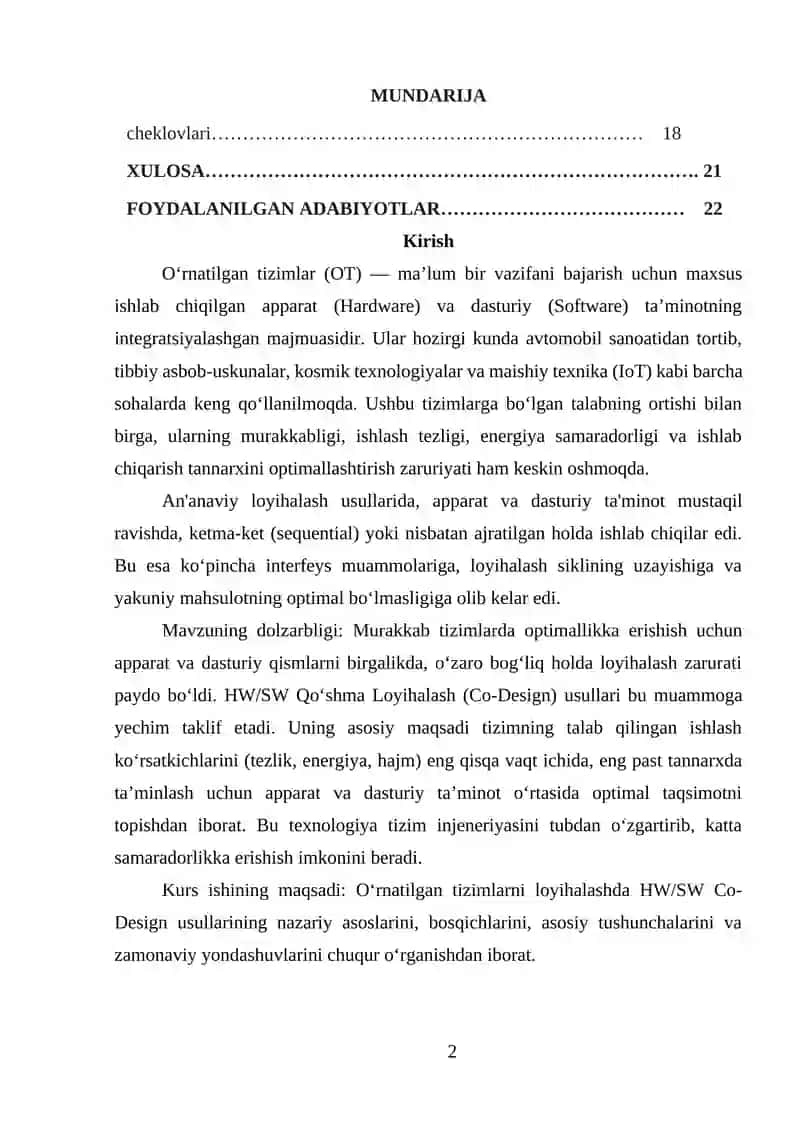 O‘RNATILGAN TIZIMLARDA APPARAT VA DASTURIY TA’MINOTNING QO‘SHMA LOYIHALASH USULLARI (HW/SW CO-DESIGN) 2