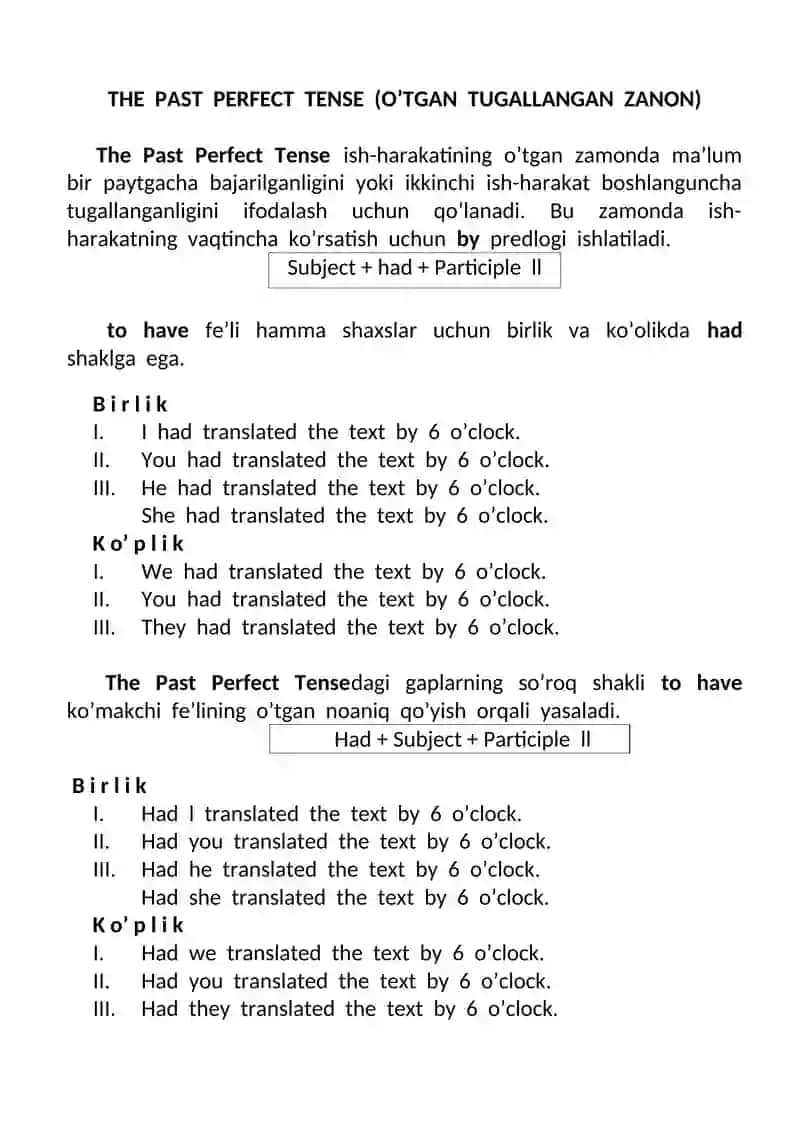 THE  PAST  PERFECT  TENSE  (O’TGAN  TUGALLANGAN  ZANON) 2