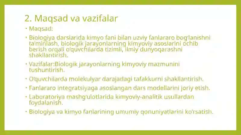 ,,Biologiyani o‘qitishda kimyo fani bilan fanlararo bog‘lanishni amalga oshirish yo‘llari" mavzusida metodik ishlanma 2