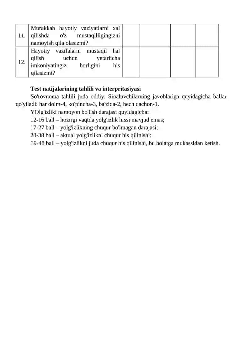 “Yolg'izlik” diagnostik so'rovnomasi (S.G. Korchagina) 2